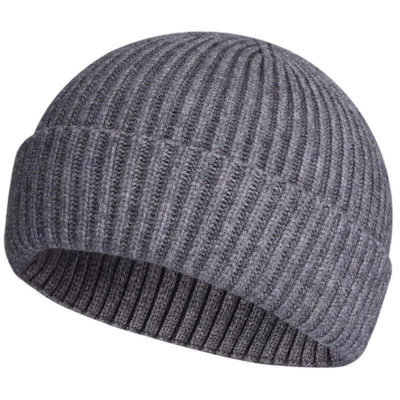 ROYBENS Swag Wool Knit Cuff Short Fisherman Beanie for Men Women, Winter Warm Hats, Gray - Image 1